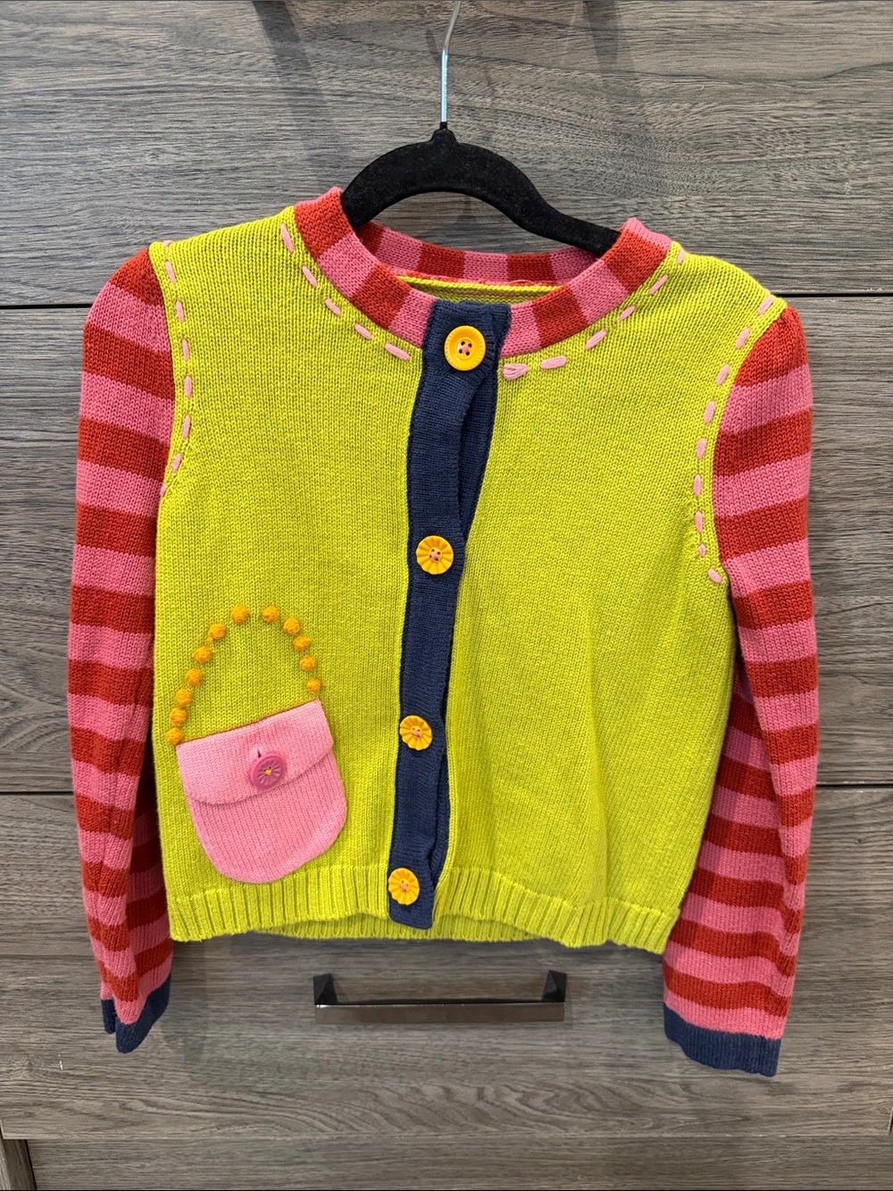 Matilda Jane Lime Green Cardigan with Pink & Red Striped Sleeves